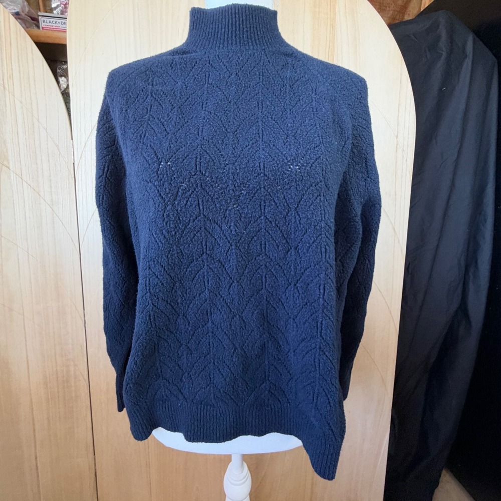 Uniqlo Sweater L Navy Blue Pointelle Mock Neck Textured Knit Casual Preppy